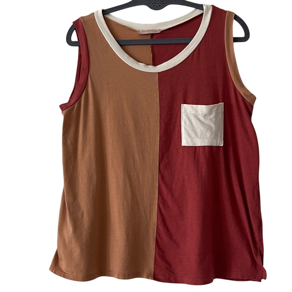 Ces Femme Colorblock Sleeveless Pocket Rust Tan Tank Top XL